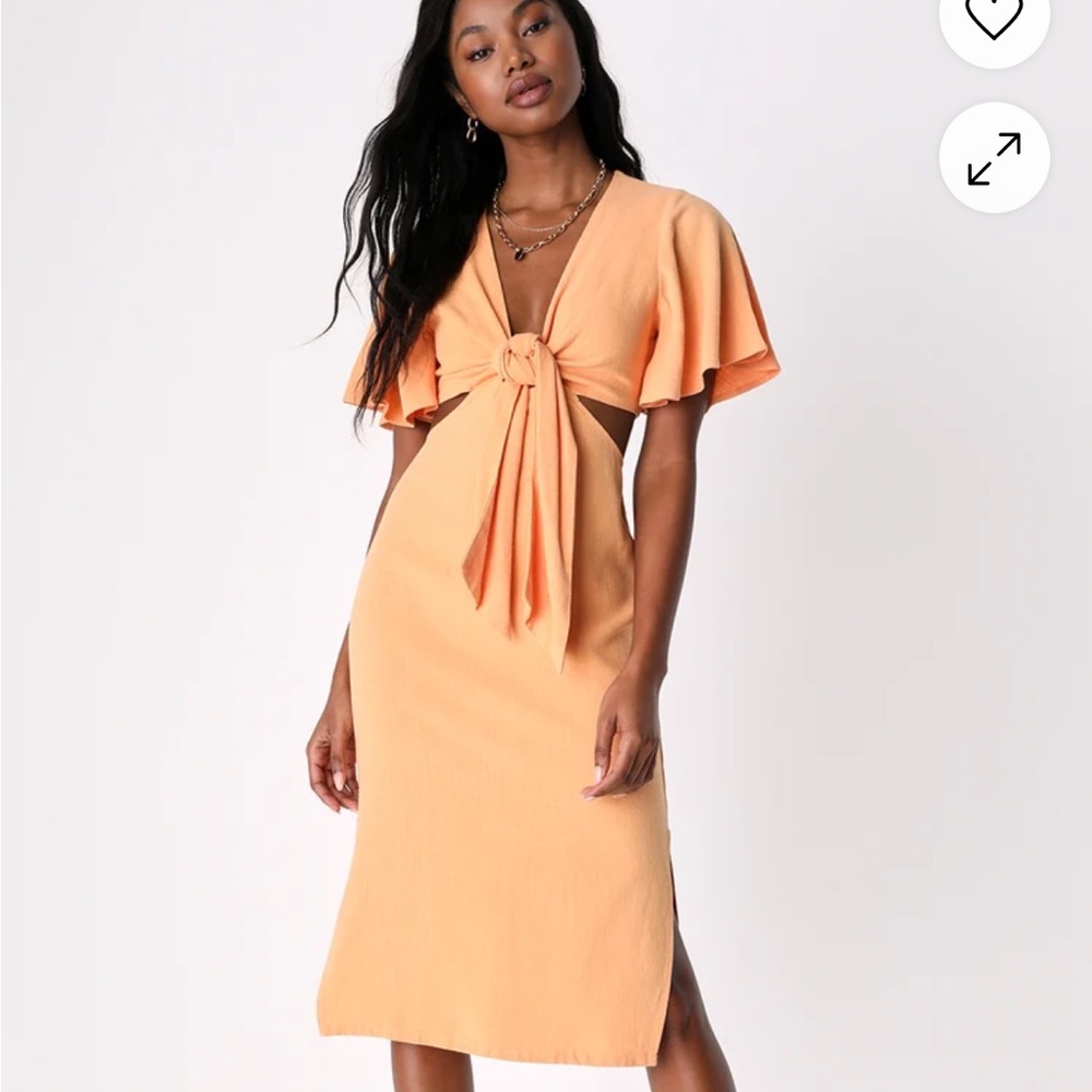 Linen Peach / Orange Tie-Front Cutout Midi Dress | Summer Vacation Brunch
